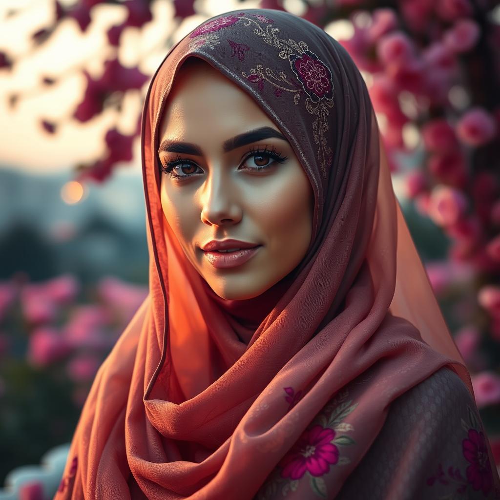 A stunning woman wearing an intricate hijab design, with beautiful embroidery and vibrant colors that flow elegantly around her