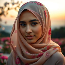 A stunning woman wearing an intricate hijab design, with beautiful embroidery and vibrant colors that flow elegantly around her
