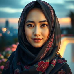 A stunning woman wearing an intricate hijab design, with beautiful embroidery and vibrant colors that flow elegantly around her