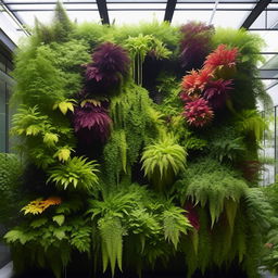 An elaborate vertical garden teeming with a variety of vibrant plants and flowers, designed meticulously to fit a specific space. Features may include cascading vine plants, blooming flowers, and plush ferns, arranged aesthetically and efficiently.