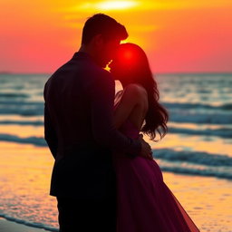 An artistic representation of intimacy, showcasing an elegant and sensual couple embracing during a sunset on a beach