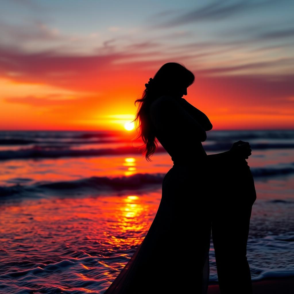 An artistic representation of intimacy, showcasing an elegant and sensual couple embracing during a sunset on a beach