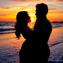 An artistic representation of intimacy, showcasing an elegant and sensual couple embracing during a sunset on a beach