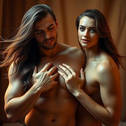 A strong, confident man gently holding his hands against a woman's bare chest, providing a sense of modesty and intimacy