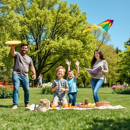 A happy family enjoying a variety of outdoor activities in a sunny park setting