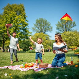A happy family enjoying a variety of outdoor activities in a sunny park setting