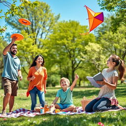 A happy family enjoying a variety of outdoor activities in a sunny park setting