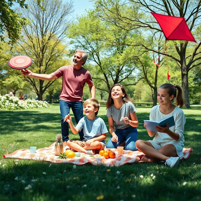 A happy family enjoying a variety of outdoor activities in a sunny park setting