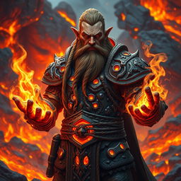 A male dwarven fire kineticist, with a rugged and muscular build, wearing intricately carved stone armor that resembles volcanic rock, glowing with embers and flames
