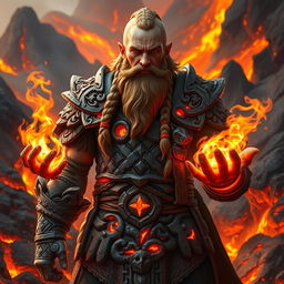A male dwarven fire kineticist, with a rugged and muscular build, wearing intricately carved stone armor that resembles volcanic rock, glowing with embers and flames