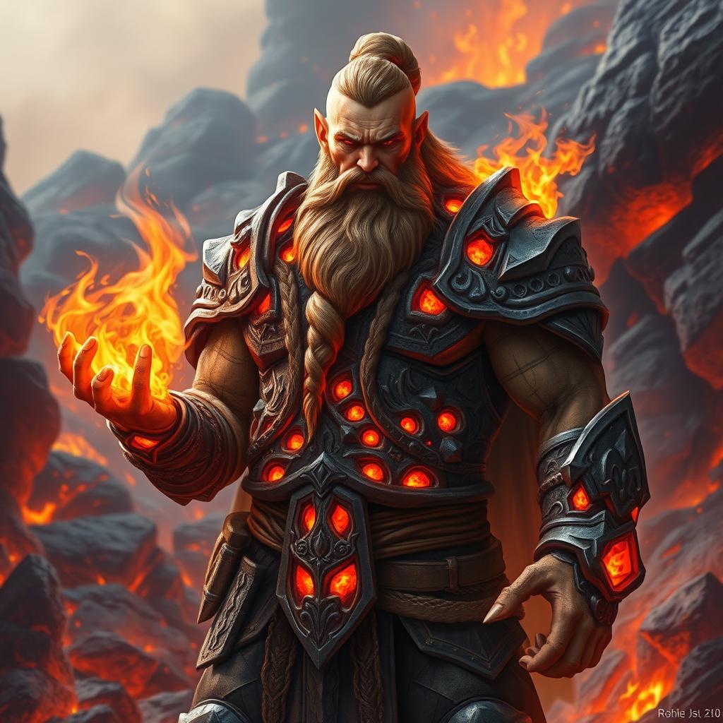 A male dwarven fire kineticist, with a rugged and muscular build, wearing intricately carved stone armor that resembles volcanic rock, glowing with embers and flames