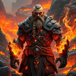A male dwarven fire kineticist, with a rugged and muscular build, wearing intricately carved stone armor that resembles volcanic rock, glowing with embers and flames