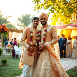 A stunning outdoor wedding scene featuring a renowned Pakistani ex-captain of the cricket team, dressed in an elegant traditional sherwani with intricate embroidery, smiling and posing alongside his beautiful bride in a breathtaking bridal gown
