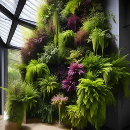 An elaborate vertical garden teeming with a variety of vibrant plants and flowers, designed meticulously to fit a specific space. Features may include cascading vine plants, blooming flowers, and plush ferns, arranged aesthetically and efficiently.