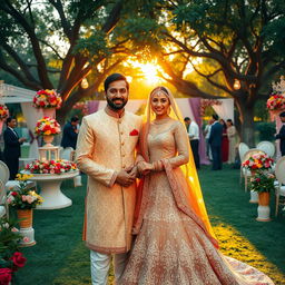 A stunning outdoor wedding scene featuring a renowned Pakistani ex-captain of the cricket team, dressed in an elegant traditional sherwani with intricate embroidery, smiling and posing alongside his beautiful bride in a breathtaking bridal gown