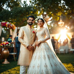 A stunning outdoor wedding scene featuring a renowned Pakistani ex-captain of the cricket team, dressed in an elegant traditional sherwani with intricate embroidery, smiling and posing alongside his beautiful bride in a breathtaking bridal gown