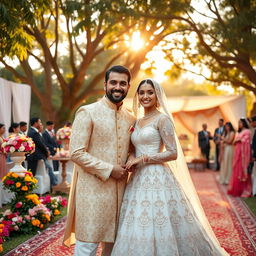 A stunning outdoor wedding scene featuring a renowned Pakistani ex-captain of the cricket team, dressed in an elegant traditional sherwani with intricate embroidery, smiling and posing alongside his beautiful bride in a breathtaking bridal gown