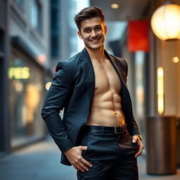 A confident, muscular young man posing playfully in a stylish, fitted outfit that subtly highlights his physique, including the outline of his prominent masculinity through his pants