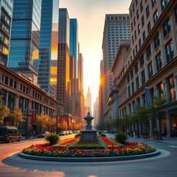 A vibrant city street during the golden hour, showcasing a stunning architecture of modern skyscrapers and historical buildings