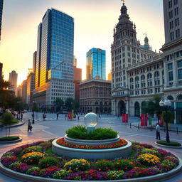 A vibrant city street during the golden hour, showcasing a stunning architecture of modern skyscrapers and historical buildings