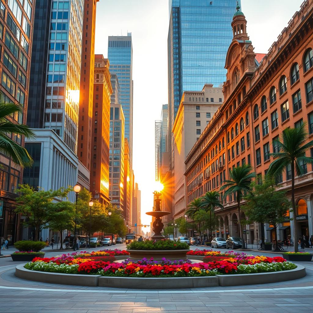 A vibrant city street during the golden hour, showcasing a stunning architecture of modern skyscrapers and historical buildings
