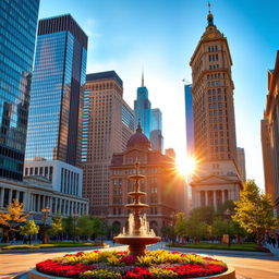 A vibrant city street during the golden hour, showcasing a stunning architecture of modern skyscrapers and historical buildings