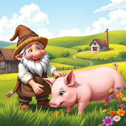 A cheerful dwarf farmer tending to his plump pig in a picturesque countryside setting