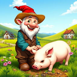 A cheerful dwarf farmer tending to his plump pig in a picturesque countryside setting
