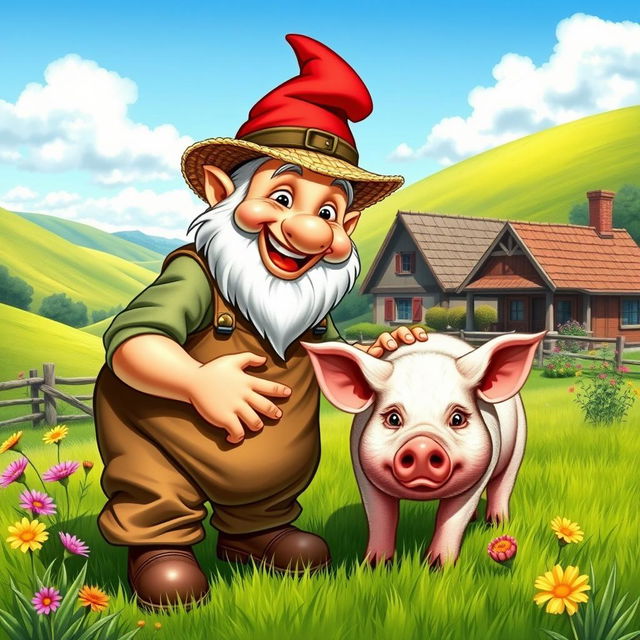 A cheerful dwarf farmer tending to his plump pig in a picturesque countryside setting