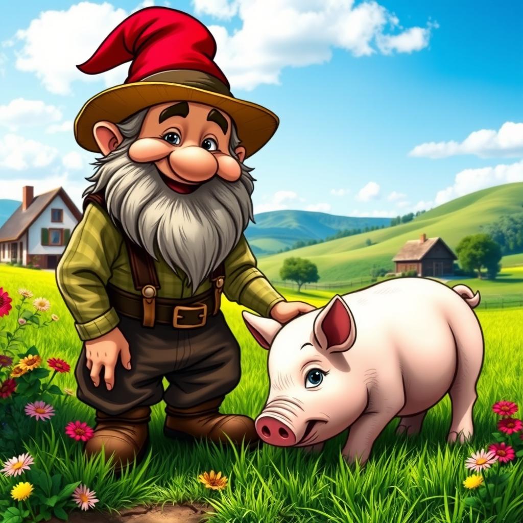 A cheerful dwarf farmer tending to his plump pig in a picturesque countryside setting