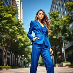 A stunning fashion model standing in a sophisticated urban environment, showcasing a chic outfit composed of a tailored blazer and high-waisted trousers, both in a vibrant shade of blue