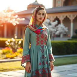 A young woman wearing traditional Iranian clothing, showcasing intricate patterns and vibrant colors typical of Iranian culture