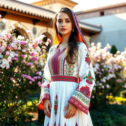 A young woman wearing traditional Iranian clothing, showcasing intricate patterns and vibrant colors typical of Iranian culture