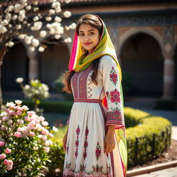 A young woman wearing traditional Iranian clothing, showcasing intricate patterns and vibrant colors typical of Iranian culture