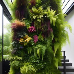 An elaborate vertical garden teeming with a variety of vibrant plants and flowers, designed meticulously to fit a specific space. Features may include cascading vine plants, blooming flowers, and plush ferns, arranged aesthetically and efficiently.