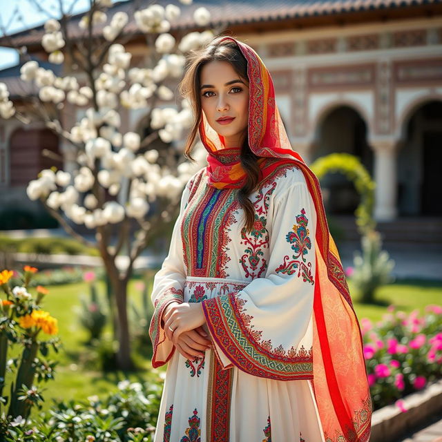 A young woman wearing traditional Iranian clothing, showcasing intricate patterns and vibrant colors typical of Iranian culture