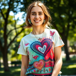 A young woman wearing a heart-patterned t-shirt featuring traditional Iranian motifs and designs, vibrant colors showcasing Persian art, playful and modern style, casual outdoor setting with natural sunlight, cheerful expression, looking directly at the viewer, surrounded by lush green trees or a park background, comfortable and relaxed atmosphere