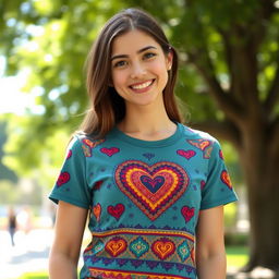 A young woman wearing a heart-patterned t-shirt featuring traditional Iranian motifs and designs, vibrant colors showcasing Persian art, playful and modern style, casual outdoor setting with natural sunlight, cheerful expression, looking directly at the viewer, surrounded by lush green trees or a park background, comfortable and relaxed atmosphere