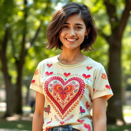 A young woman wearing a heart-patterned t-shirt featuring traditional Iranian motifs and designs, vibrant colors showcasing Persian art, playful and modern style, casual outdoor setting with natural sunlight, cheerful expression, looking directly at the viewer, surrounded by lush green trees or a park background, comfortable and relaxed atmosphere