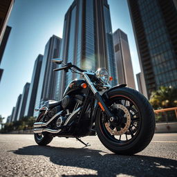 A sleek and powerful motorcycle showcased in an urban setting, featuring a glossy black and chrome finish