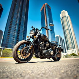 A sleek and powerful motorcycle showcased in an urban setting, featuring a glossy black and chrome finish
