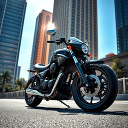 A sleek and powerful motorcycle showcased in an urban setting, featuring a glossy black and chrome finish