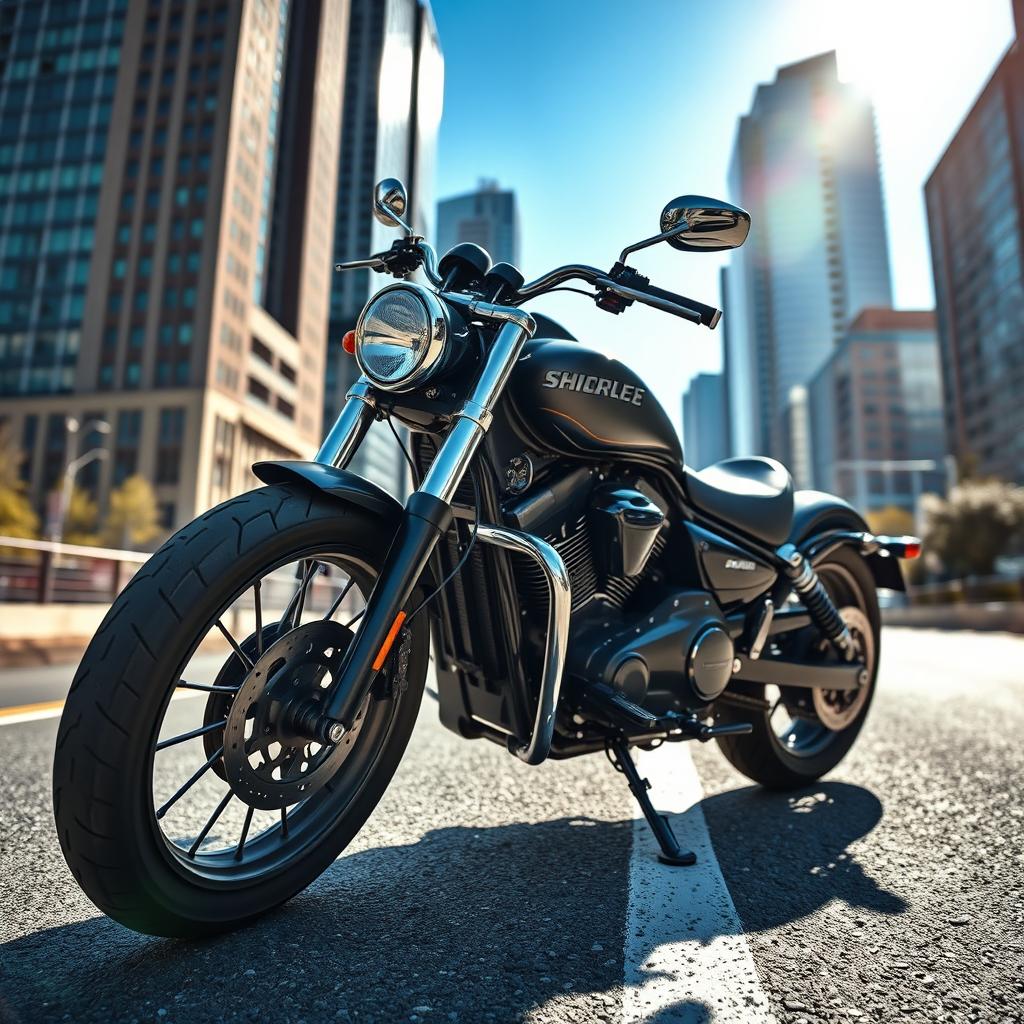 A sleek and powerful motorcycle showcased in an urban setting, featuring a glossy black and chrome finish