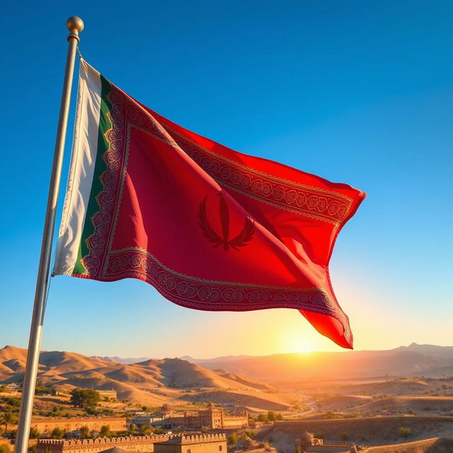 A beautifully detailed depiction of the flag of Kerman, proudly fluttering in the wind against a bright blue sky