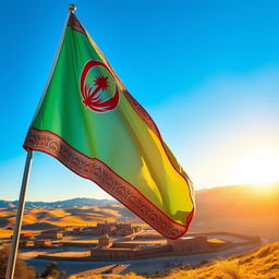 A beautifully detailed depiction of the flag of Kerman, proudly fluttering in the wind against a bright blue sky