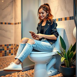 A young woman sitting casually on a toilet in a modern bathroom, wearing stylish casual clothing