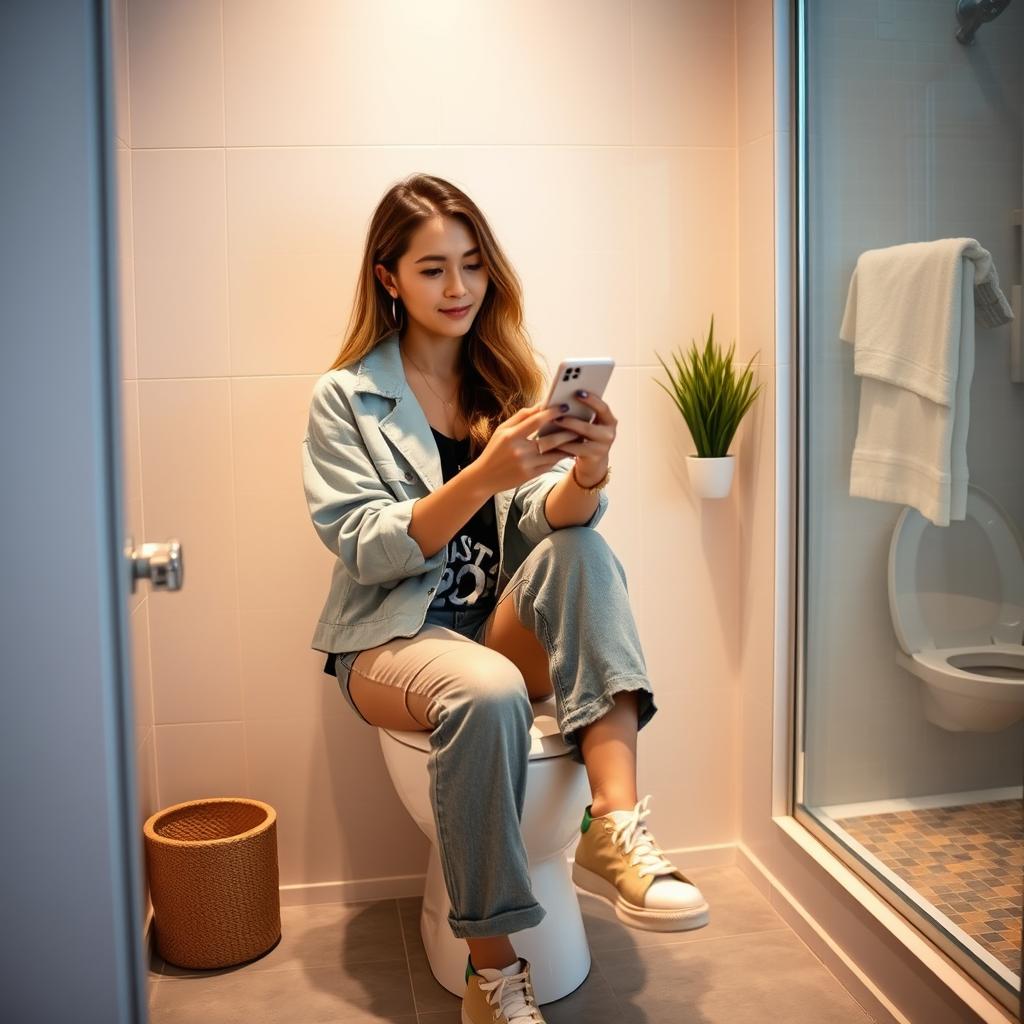 A young woman sitting casually on a toilet in a modern bathroom, wearing stylish casual clothing