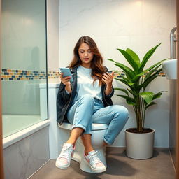 A young woman sitting casually on a toilet in a modern bathroom, wearing stylish casual clothing