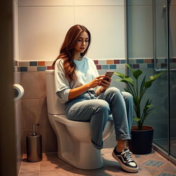 A young woman sitting casually on a toilet in a modern bathroom, wearing stylish casual clothing