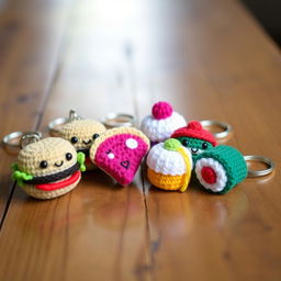 A collection of cute and colorful crochet food keychains, featuring an assortment of delightful miniature foods such as a smiling burger, a cheerful slice of pizza, a vibrant cupcake, and a tiny sushi roll